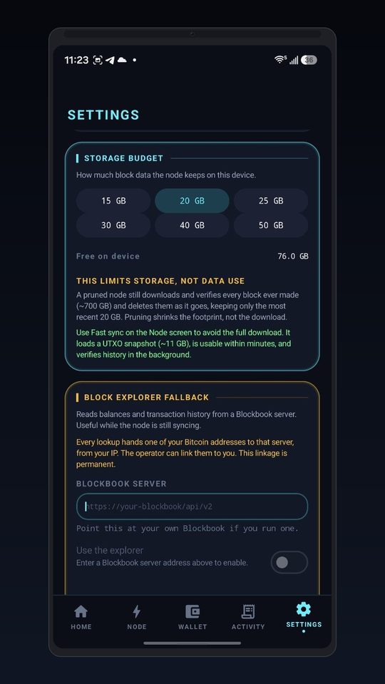 Remote node settings screen